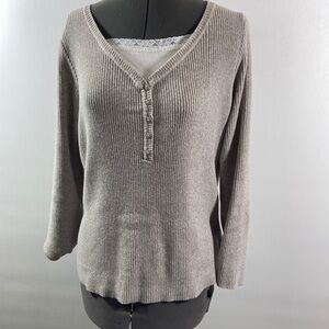 Reference Point Sweater Women Size 1X Tan & White Ribbed Detail 100% Cotton